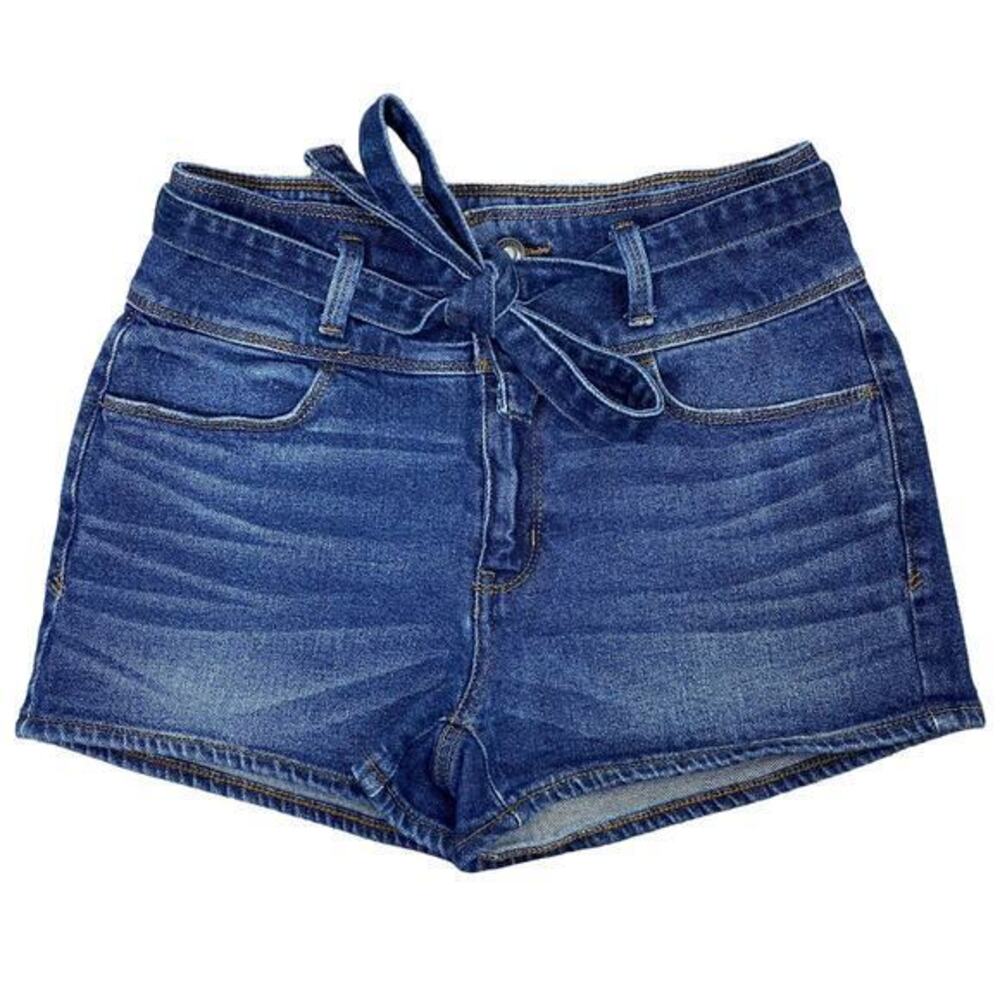 Mudd High Rise Jean Shorts Sz 7 Belted Wide Waistband Dark Wash Stretch Denim